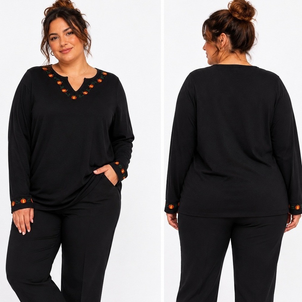 Designers Originals‎ Womens Shirt Black Long Sleeve Pumpkin Embroidered Top  2x